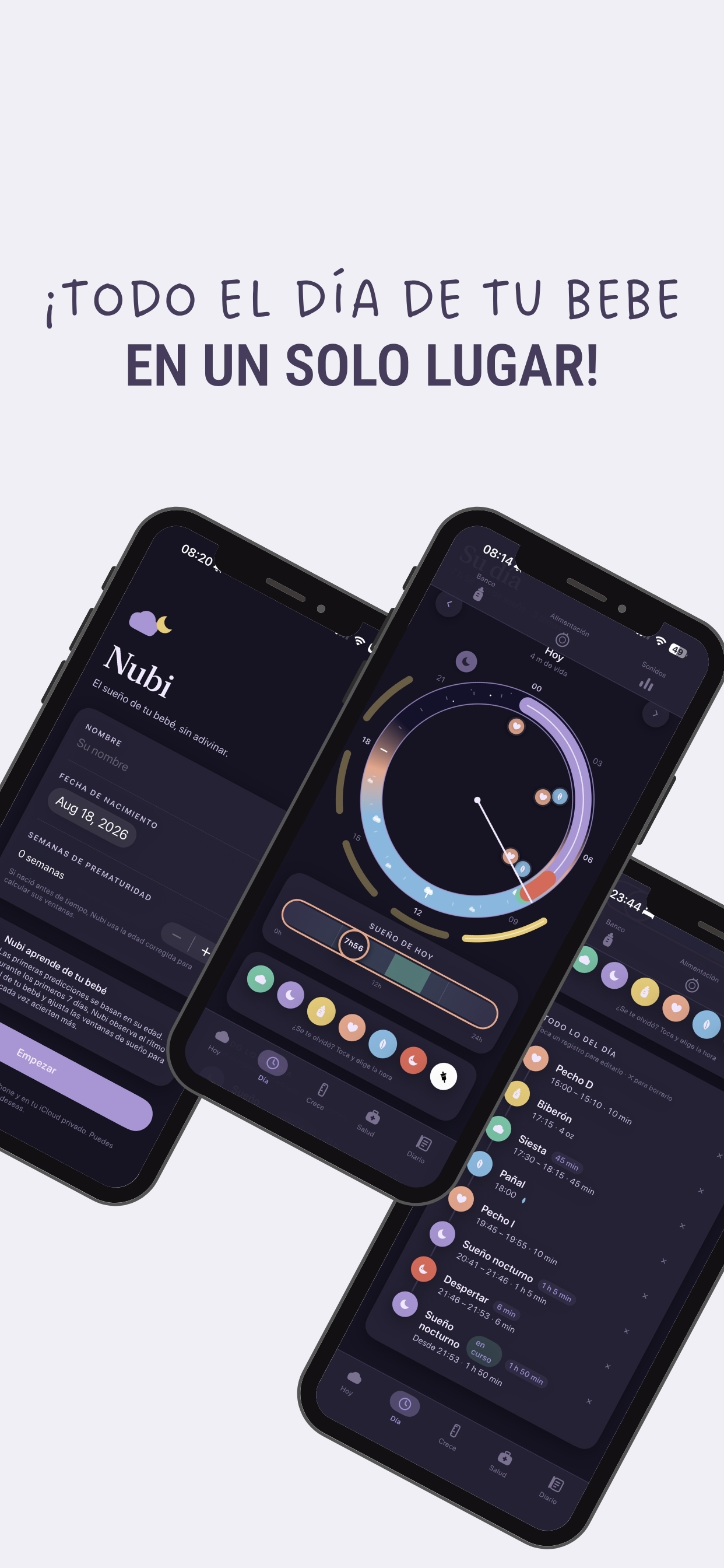 Pantalla de Nubi registrando un biberón de 120 ml con selector de hora